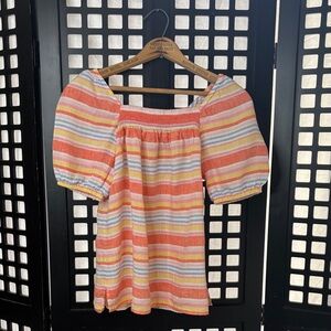 🌈 Talbots Petite Smocked Striped Puff Sleeve Square Neck Top Women’s Small P 🌈